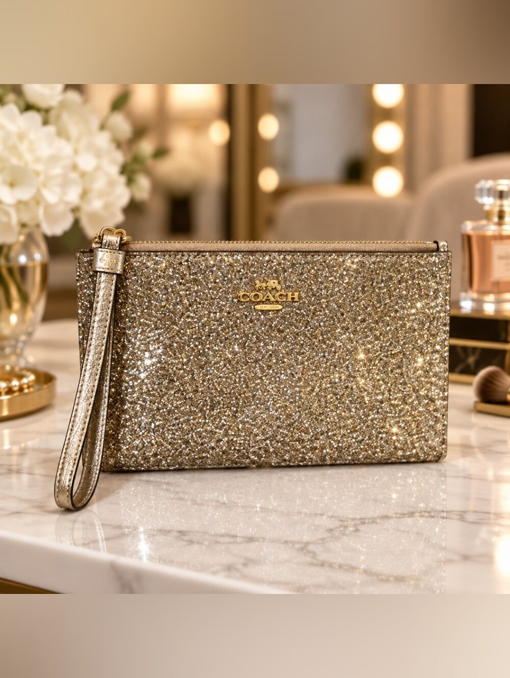Coach Metallic Gold Glitter Wristlet Clutch EUC